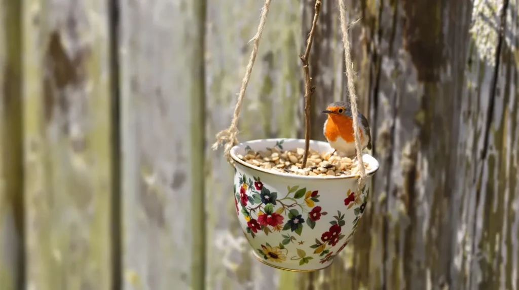 En avril, ces anciennes tasses sur la clôture du jardin aident les oiseaux et protègent discrètement votre potager